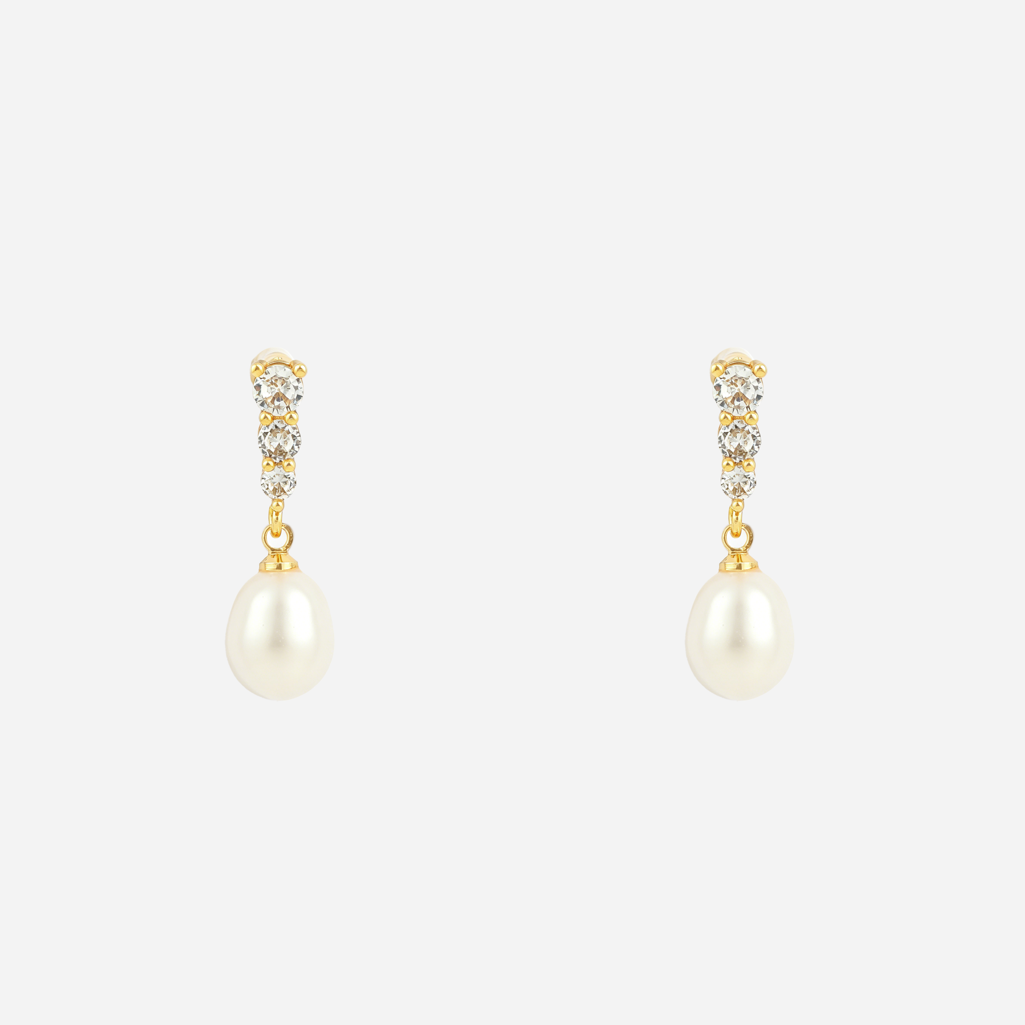 Triple Diamond Pearl Clip-On Drop Earrings