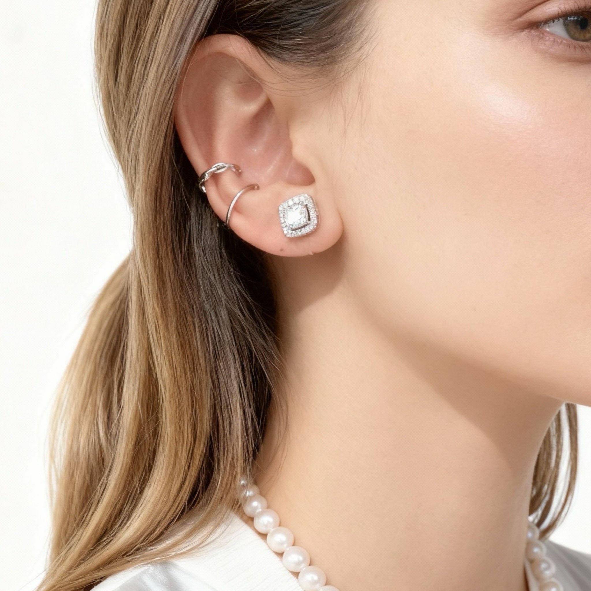 S925 Sterlingsilver Klassiska Fyrkantiga Diamant Clip-On Stiftörhängen