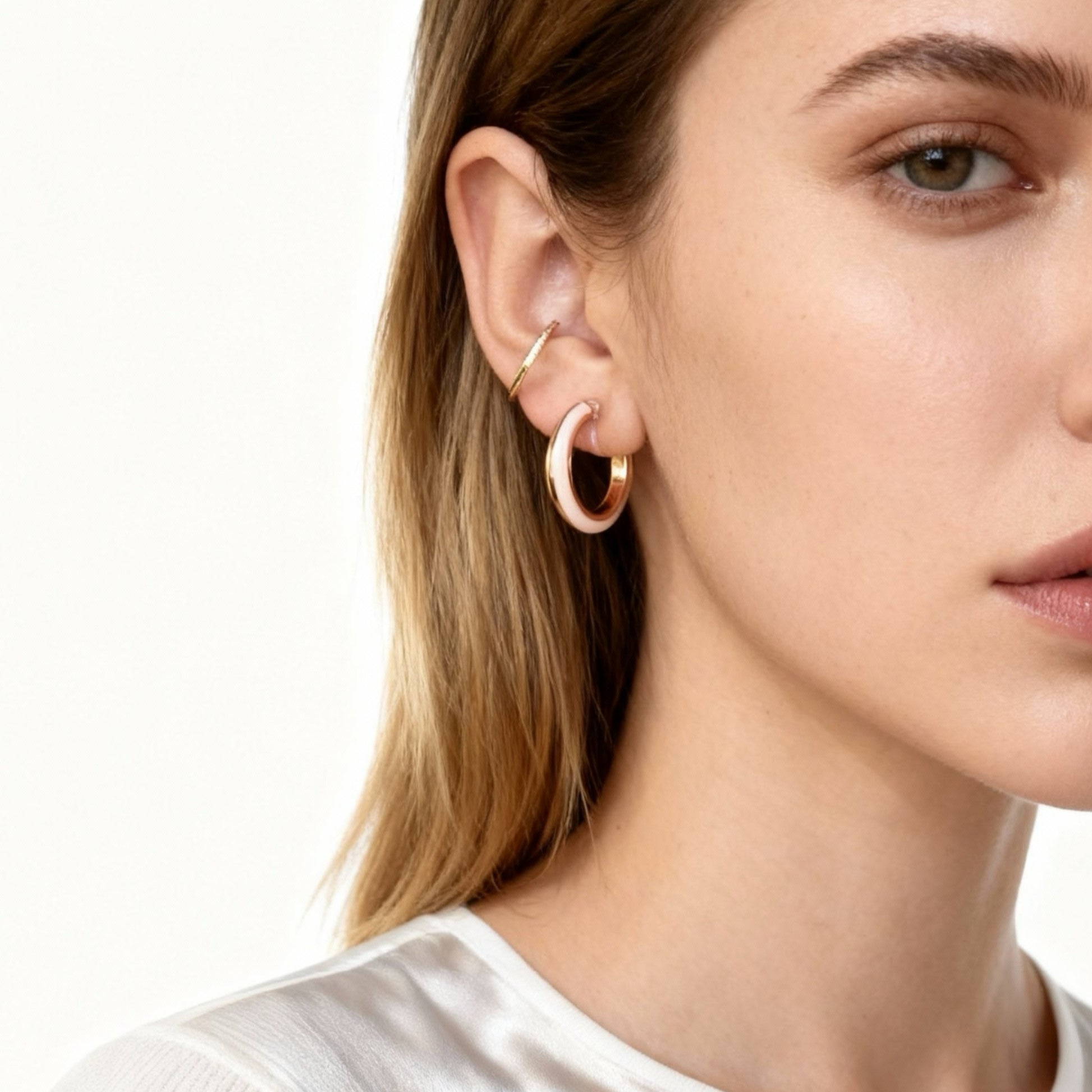 White Enamel Dual-Tone Clip-On Hoop Earrings for non-pierced ears – SOMIY