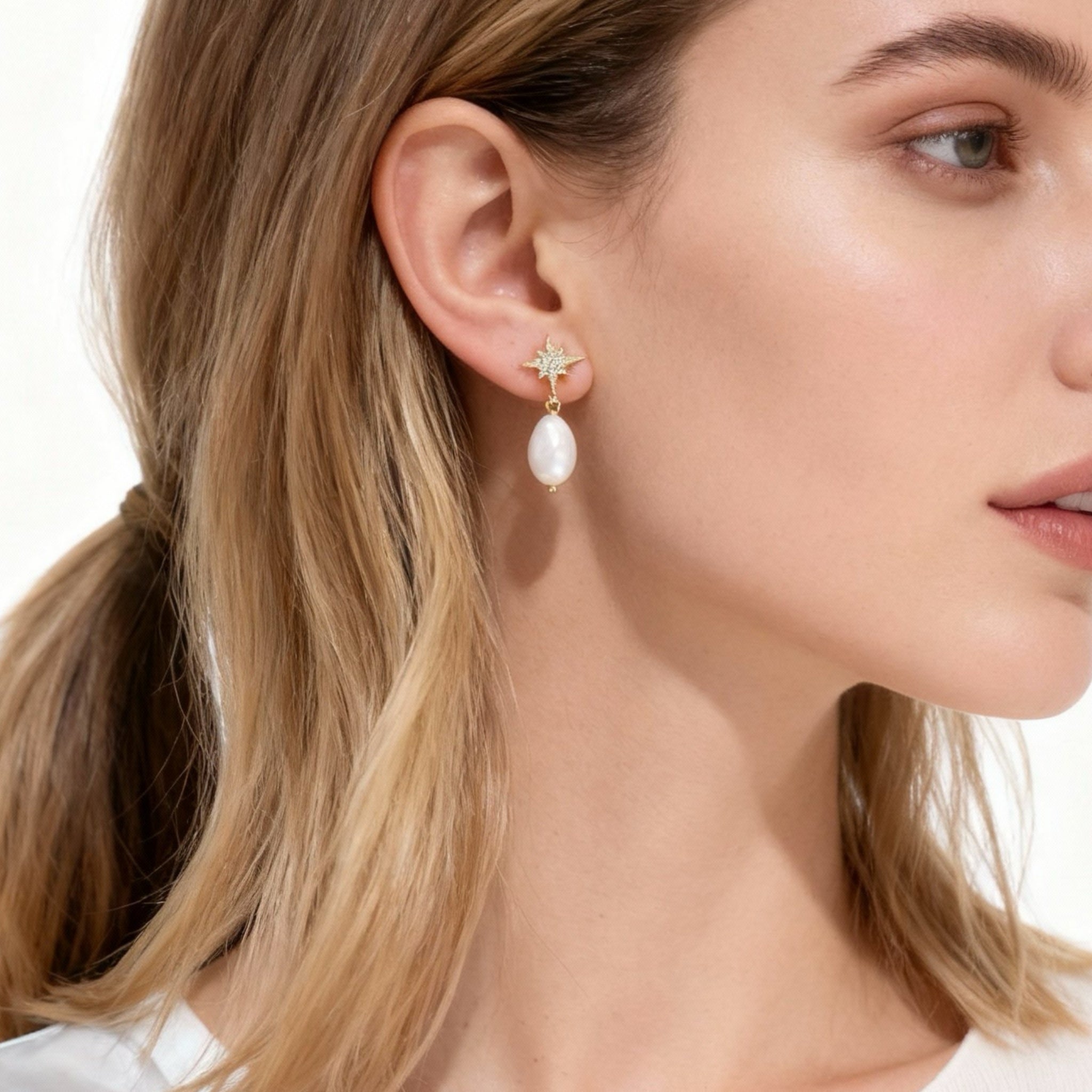 S925 Sterling Silve Star and Moon Pearl Clip-On Chain Earrings for non-pierced ears – SOMIY