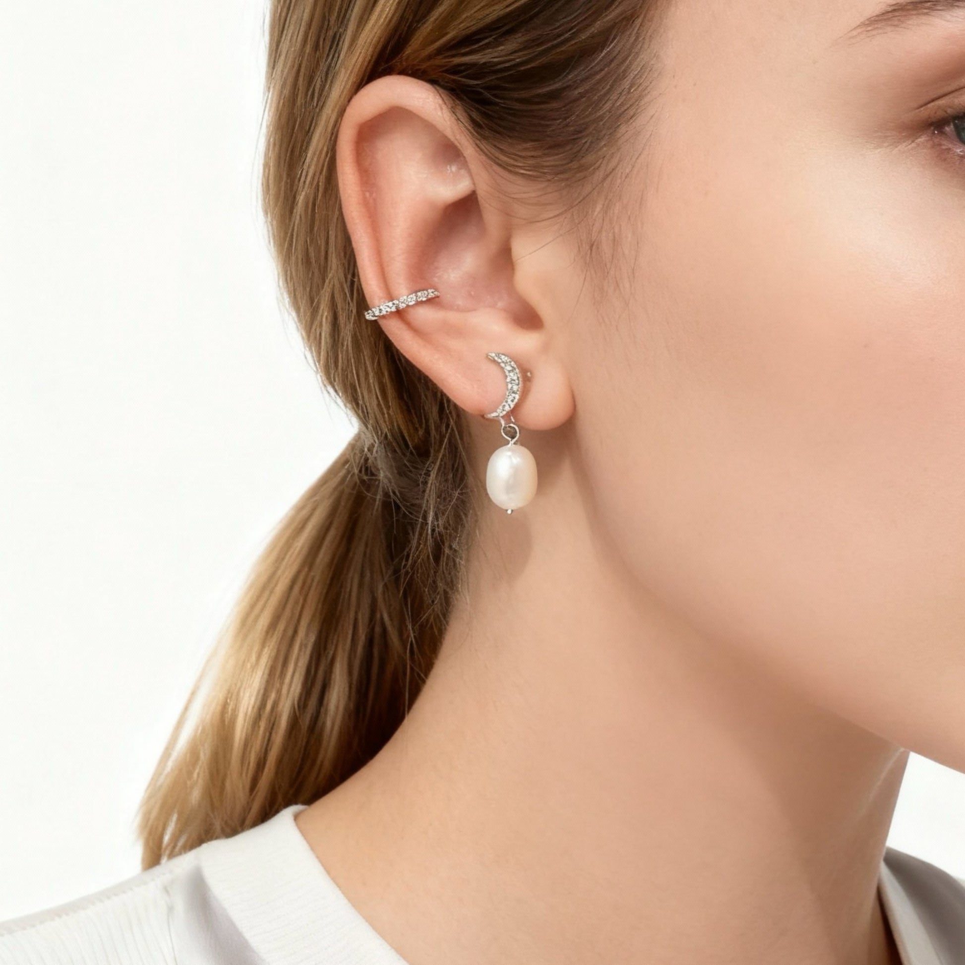 S925 Sterling Silve Star and Moon Pearl Clip-On Chain Earrings for non-pierced ears – SOMIY