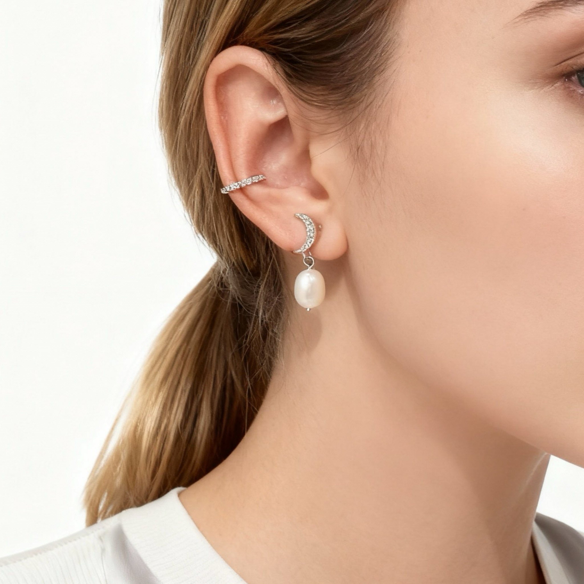 S925 Sterling Silve Star and Moon Pearl Clip-On Chain Earrings for non-pierced ears – SOMIY