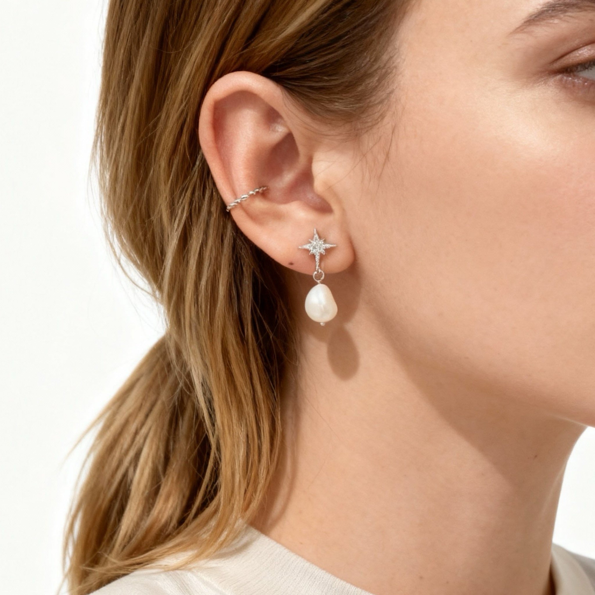 S925 Sterling Silve Star and Moon Pearl Clip-On Chain Earrings for non-pierced ears – SOMIY