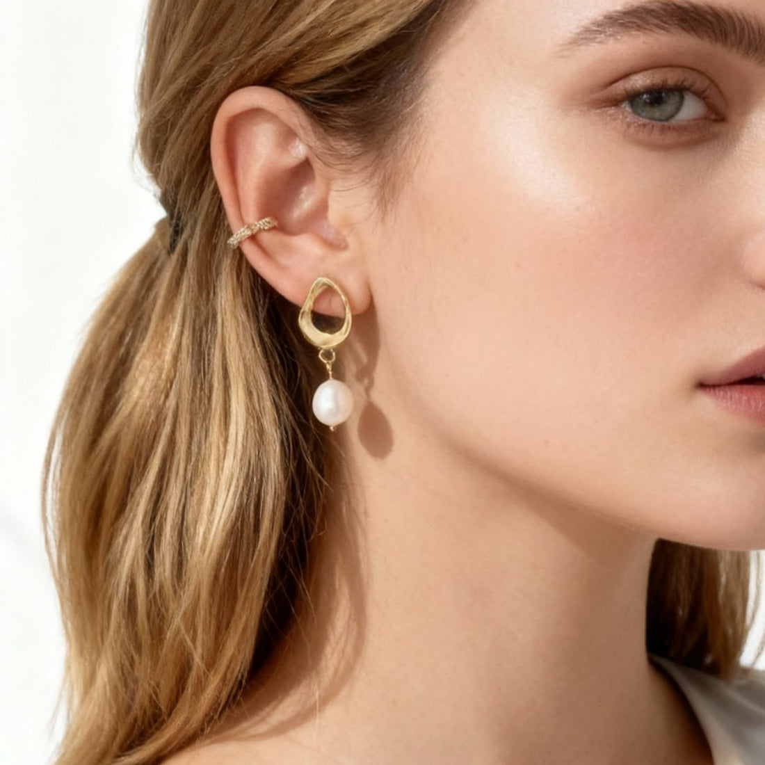 Gold Pearl Resindangle clip-on earrings by SOMIY – pain-free non-pierced jewelry for everyday wear