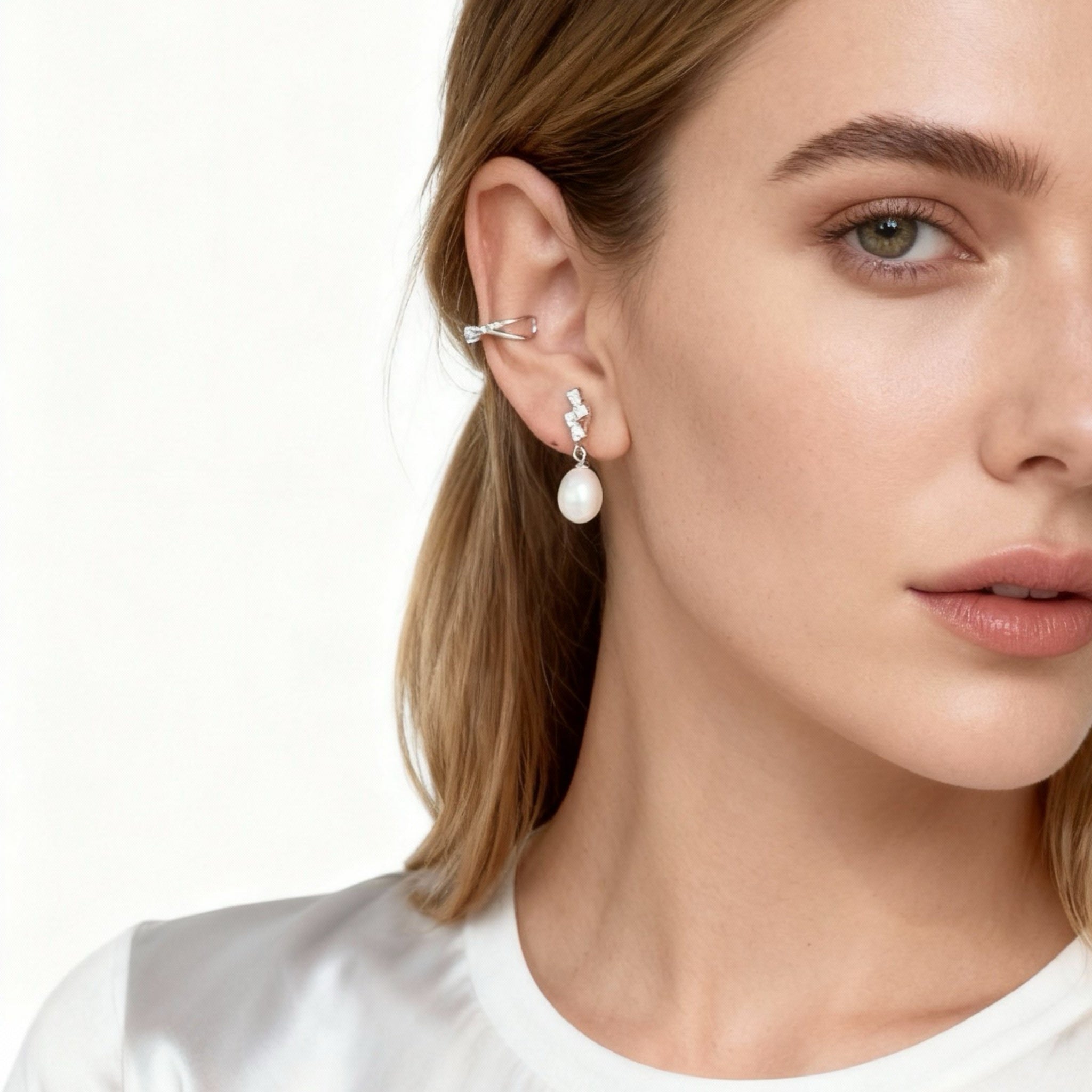 S925 Sterling Silve Pearl And Diamond Clip-On Chain Earrings