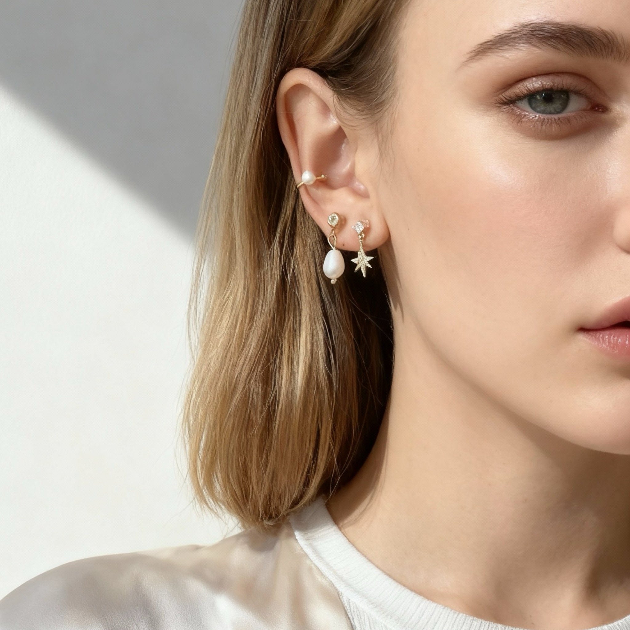 S925 Sterling Silver Micro-Set Zircon & Pearl Shell Ear Cuff