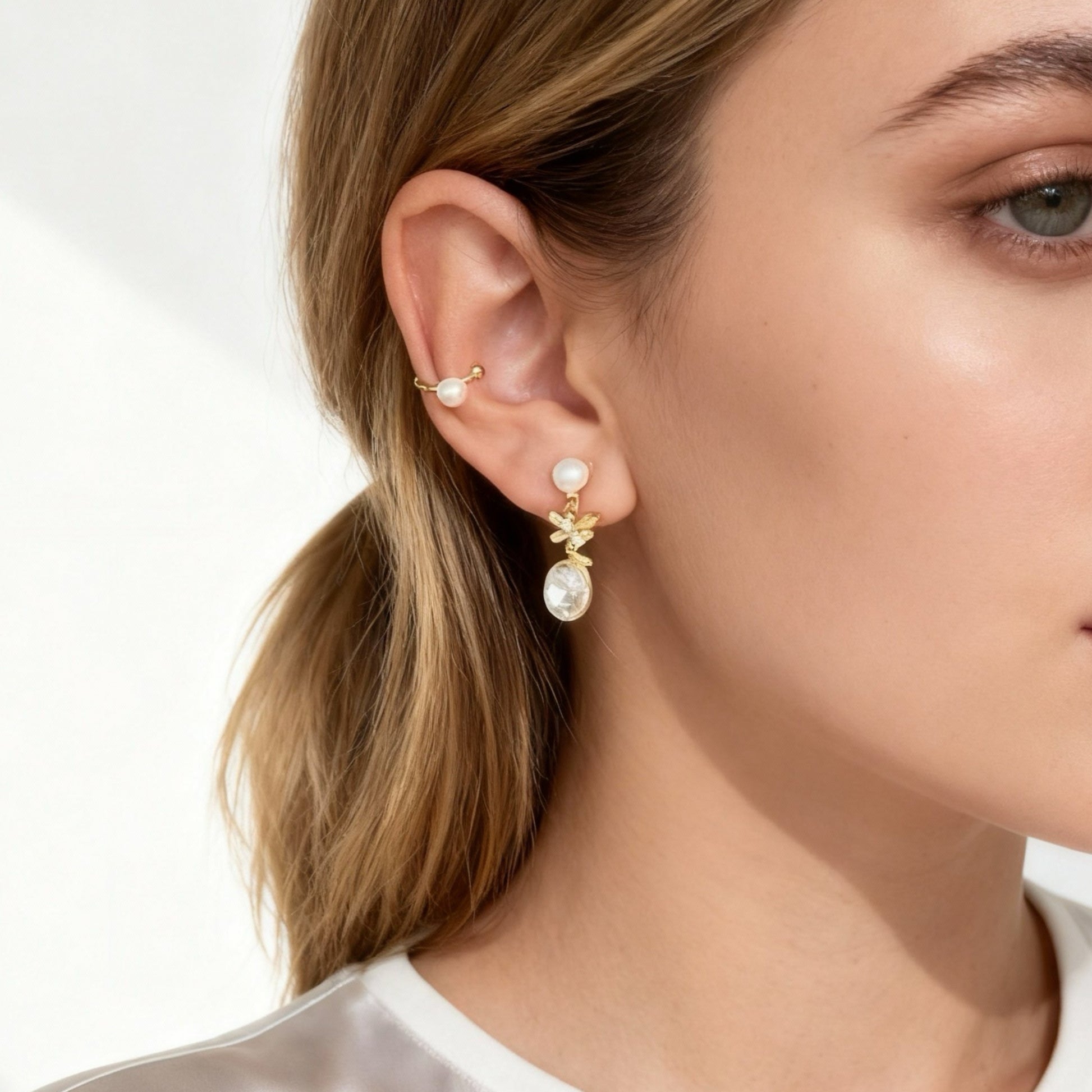 Diamond Flower Pearl Clip-On Chain Earrings for non-pierced ears – SOMIY