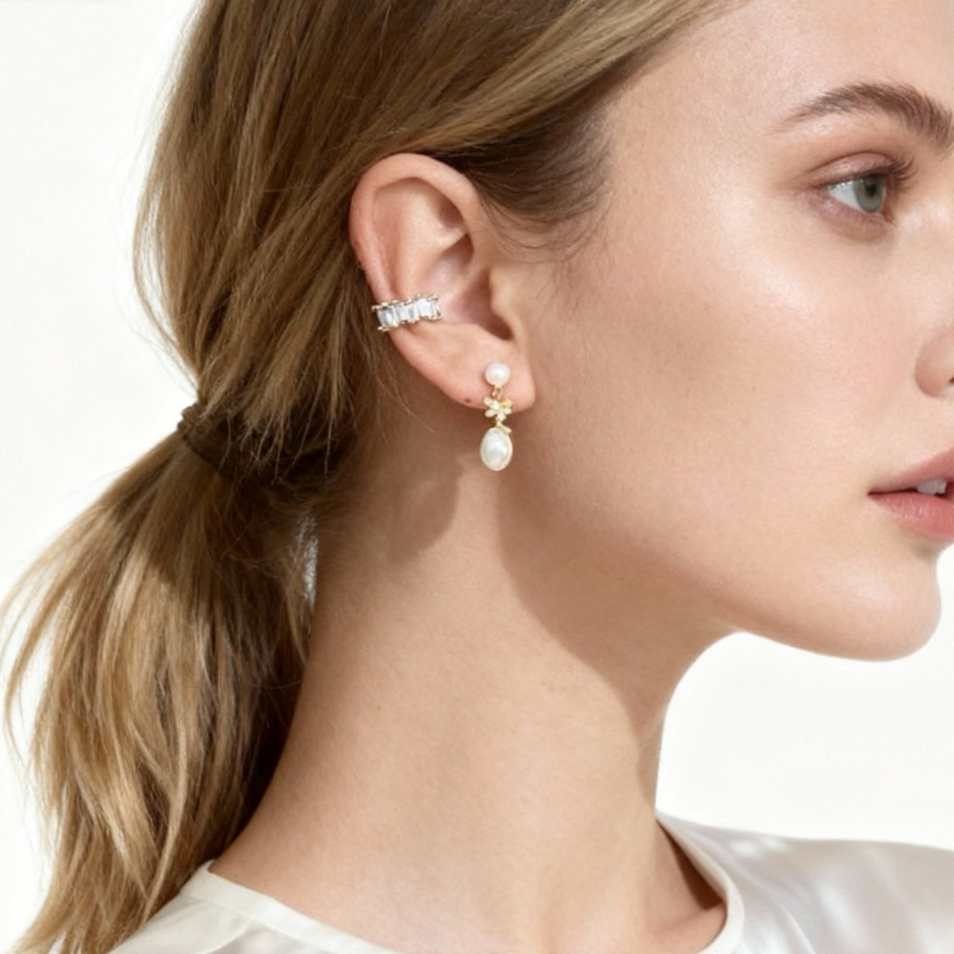Diamond Flower Pearl Clip-On Chain Earrings for non-pierced ears – SOMIY