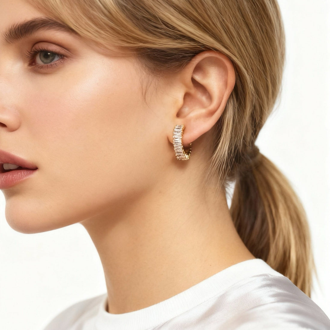 Daily Sparkling Diamond-Set Clip-On Hoop Earrings in 18K gold and silver by SOMIY for non-pierced ears.