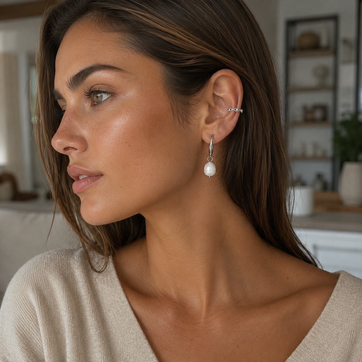 Minimalist Pearl Hoop Drop Clip-On Earrings