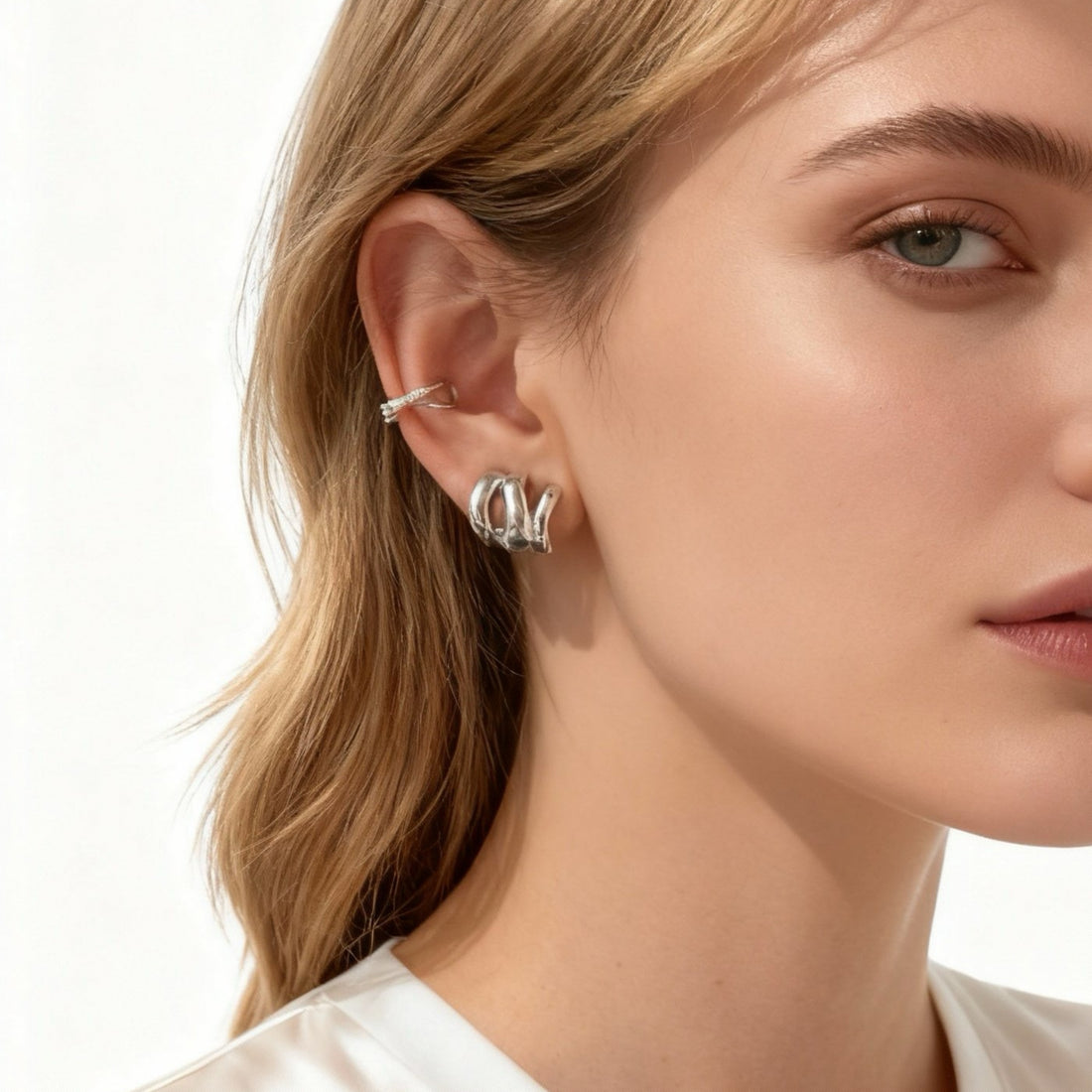 Chic Sparkling Diamond-Set Ear Cuff in 18K silver plating by SOMIY for non-pierced ears.