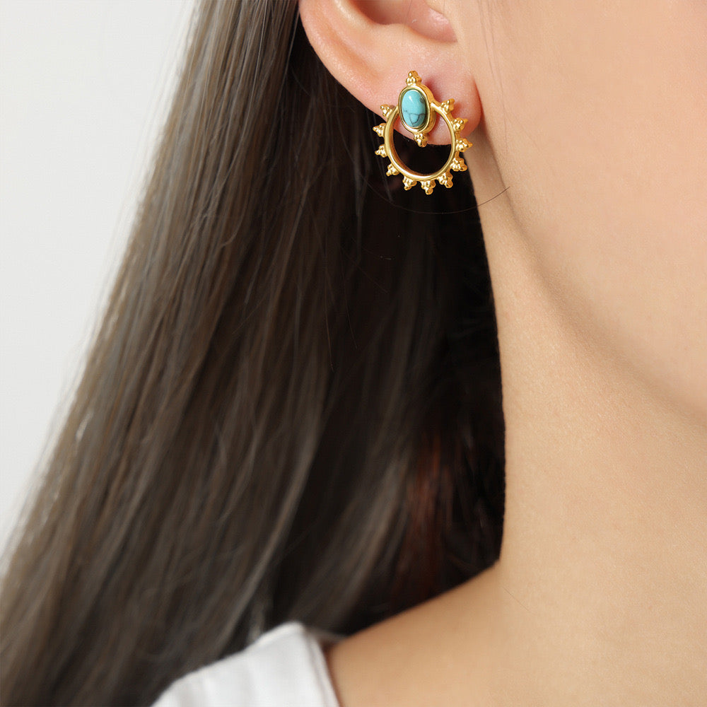 Turquoise Clip On Stud Earrings- Glod