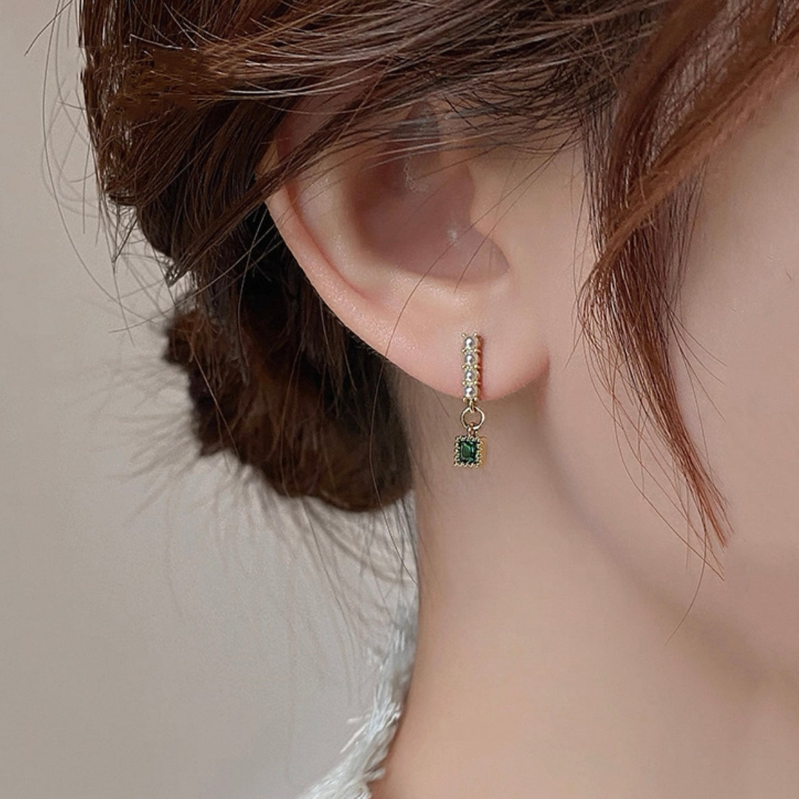Pearl and Green Crystal Drop Clip-On Earrings