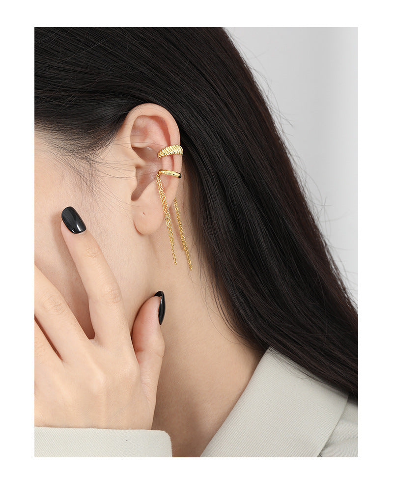 S925 Sterling Silver Long Chain with Fringe Ear Cuff