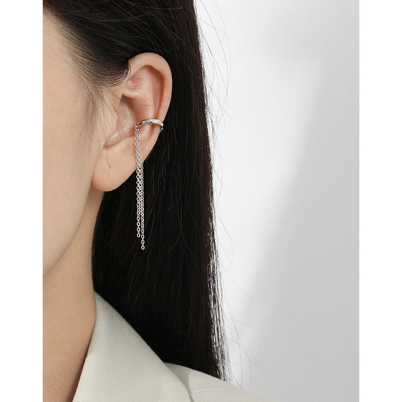 S925 Sterling Silver Long Chain with Fringe Ear Cuff