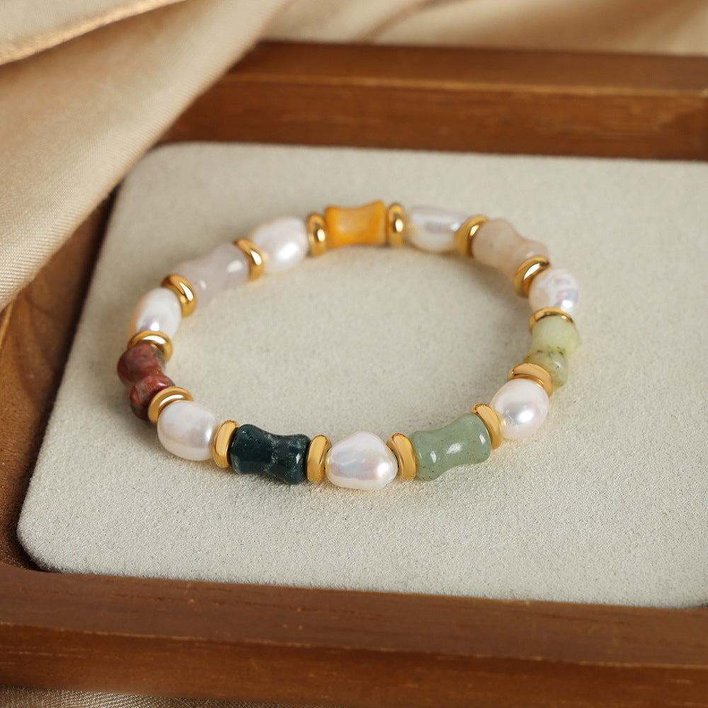 Vibrant Natural Stone & Pearl Elastic Bracelet