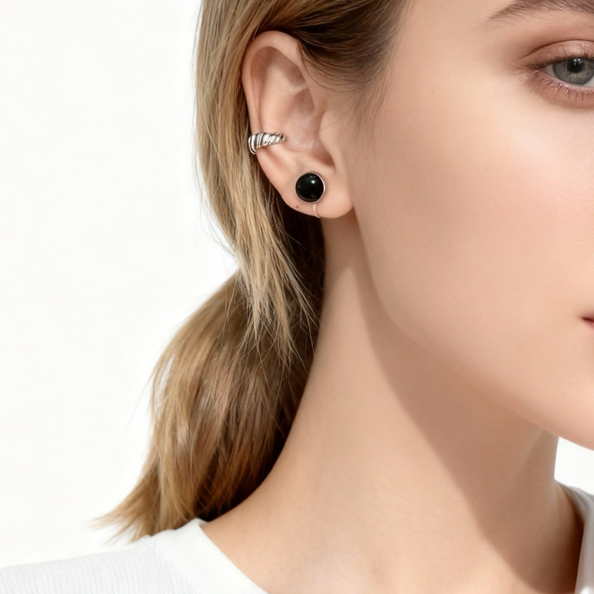 S925 Sterling Silver Black Onyx Clip-On Stud Earrings - Silver