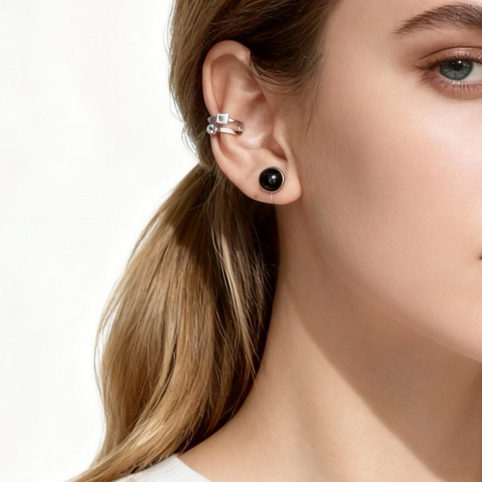 S925 Sterling Silver Black Onyx Clip-On Stud Earrings - Silver