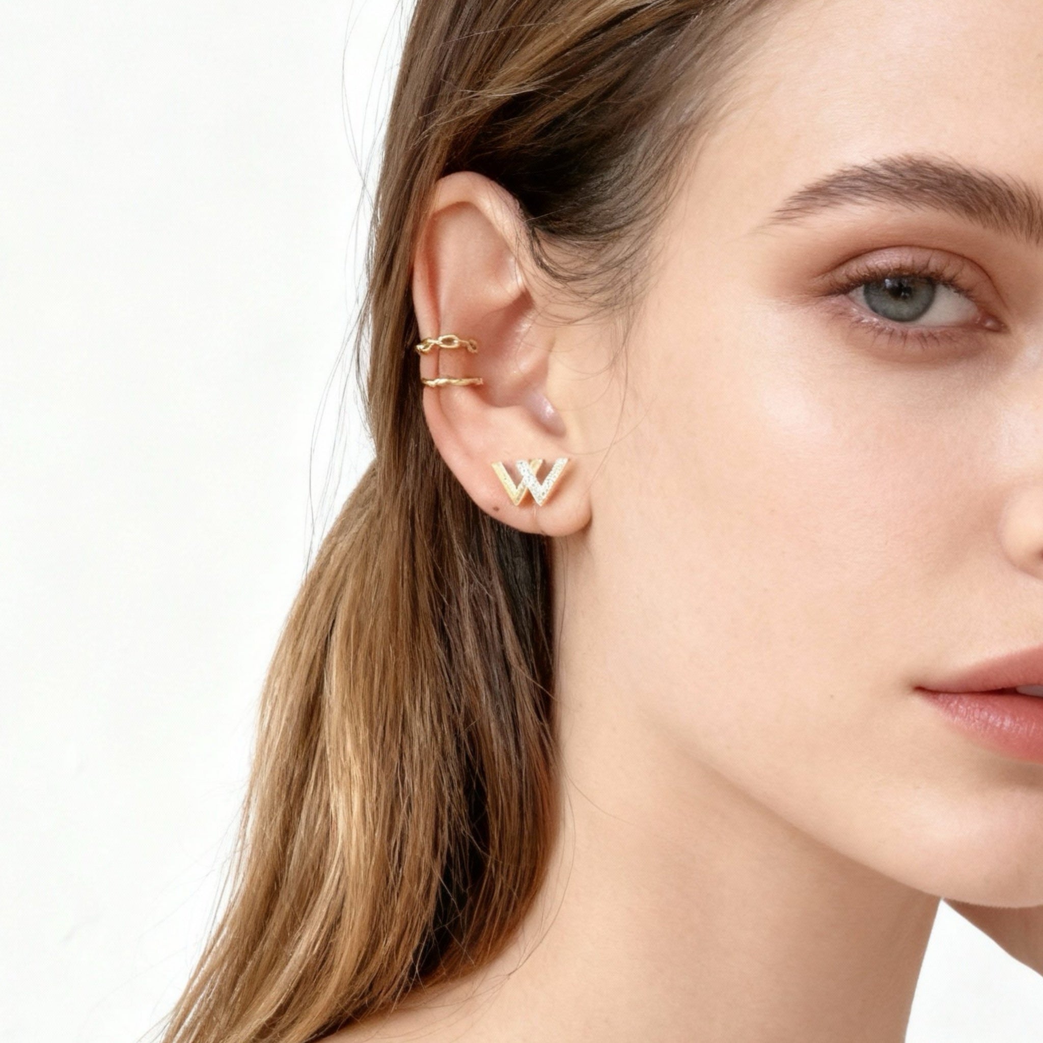 W-shaped Diamond Clip-On Stud Earrings