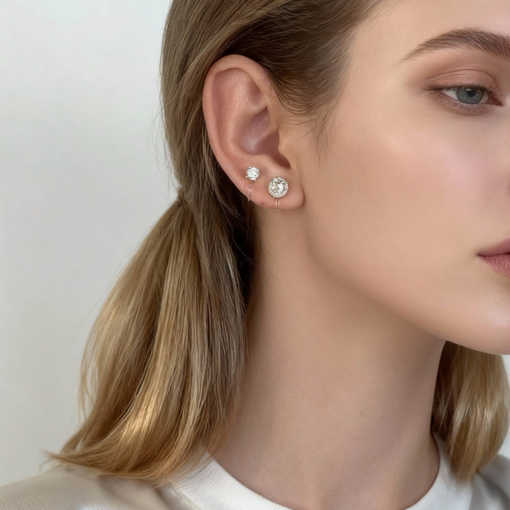 S925 Sterling Silver Classic Round Diamond Clip-On Stud Earrings