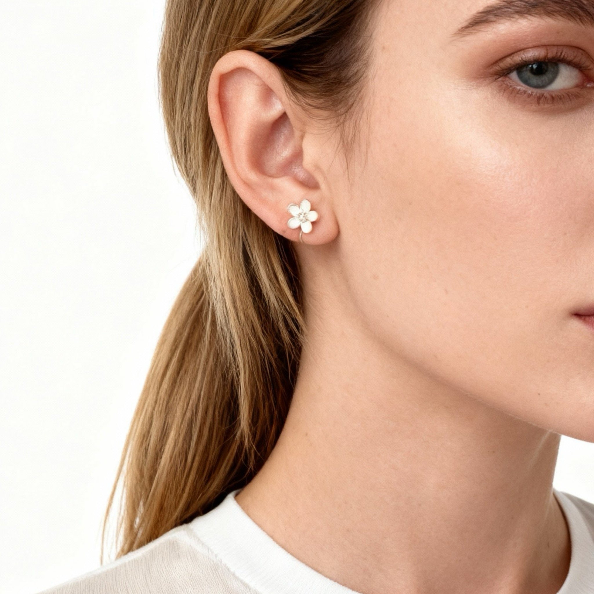 S925 Sterling Silver  Flower Pearl Clip-On Stud Earrings