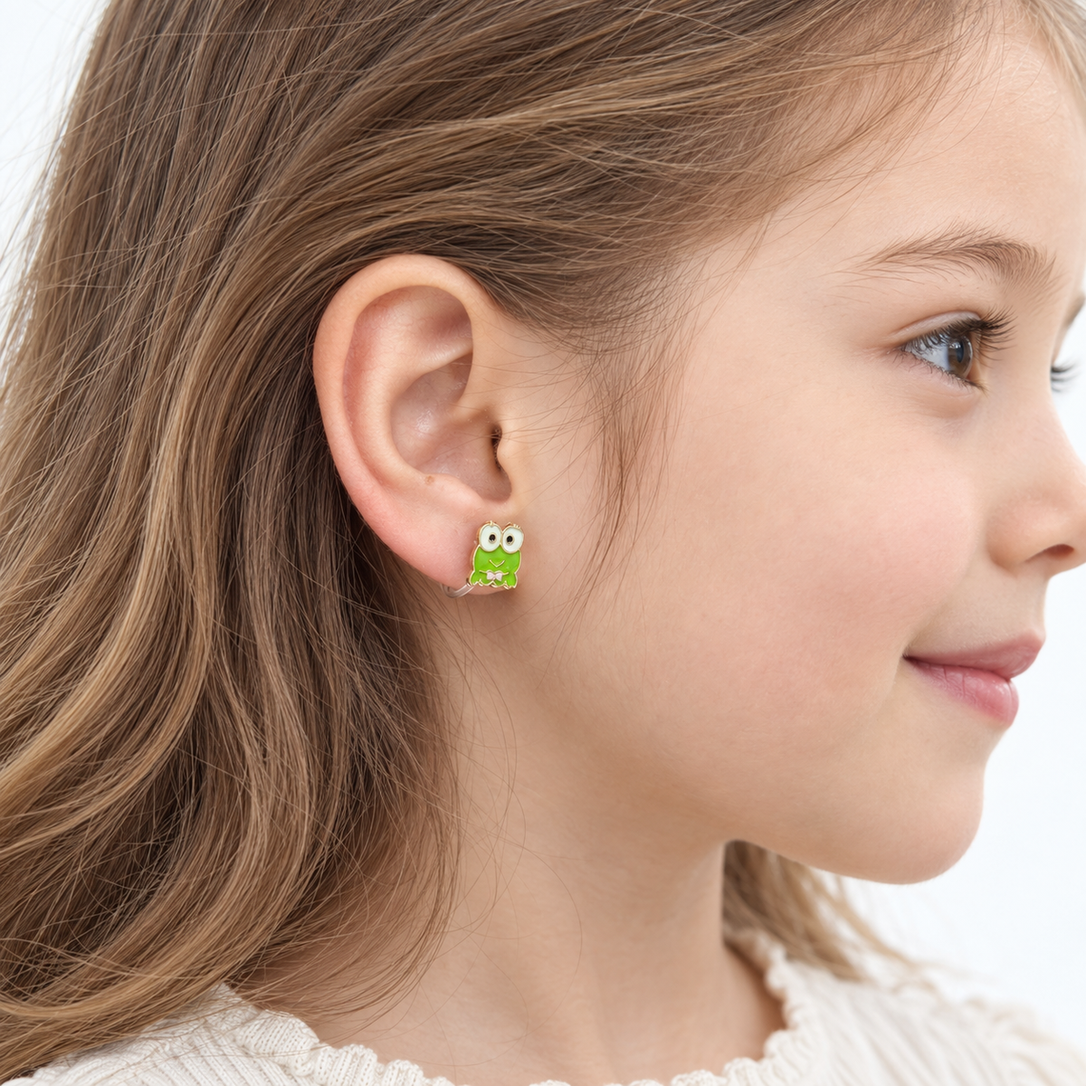 Little Green Frog Clip-On Earrings - worn on the ear