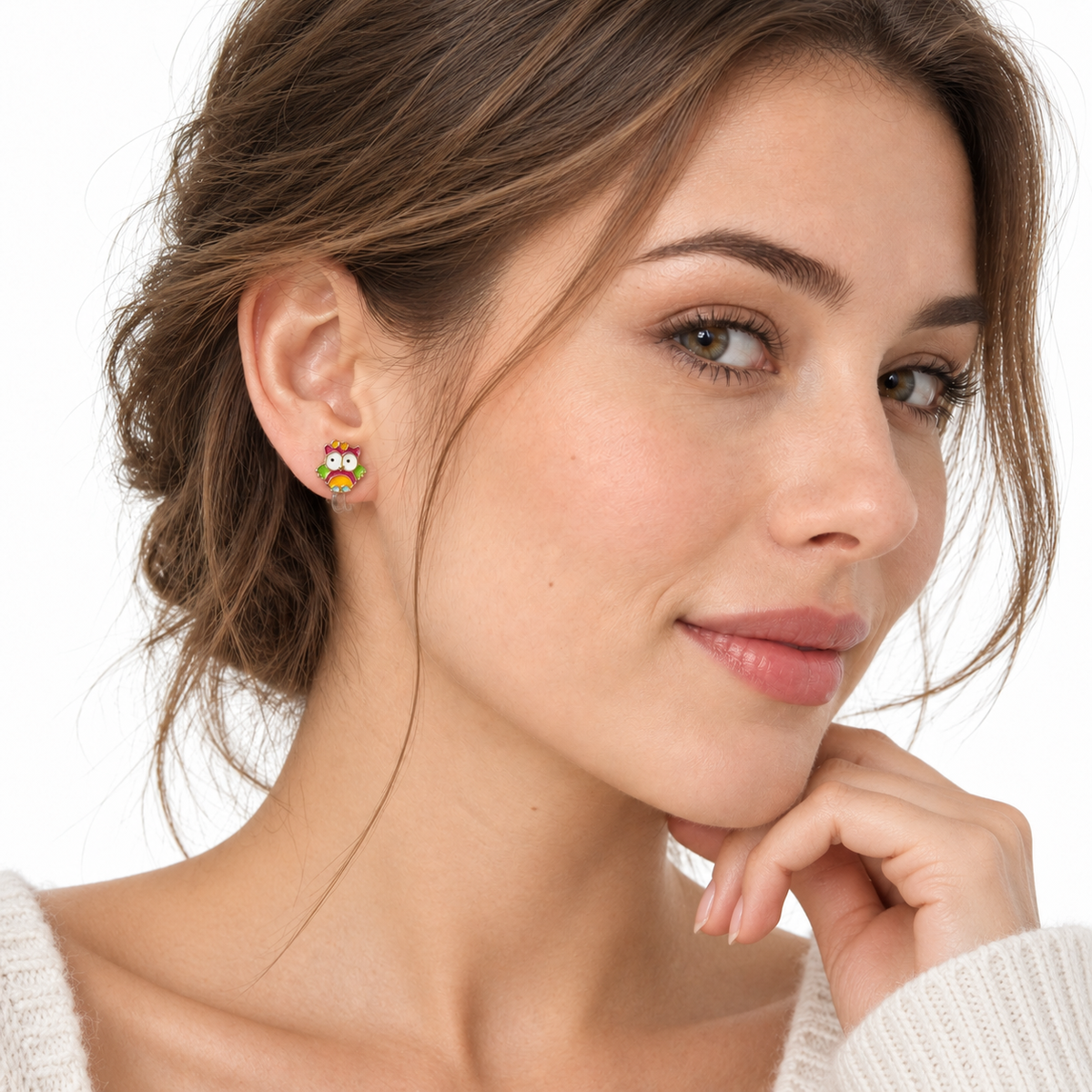 Rainbow Owl Clip-On Earrings - worn on the ear