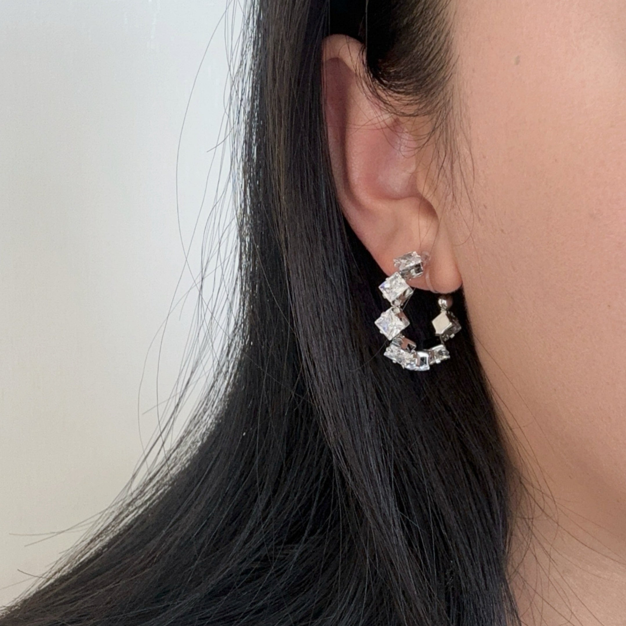 White Square Diamond Clip-On Hoop Earrings