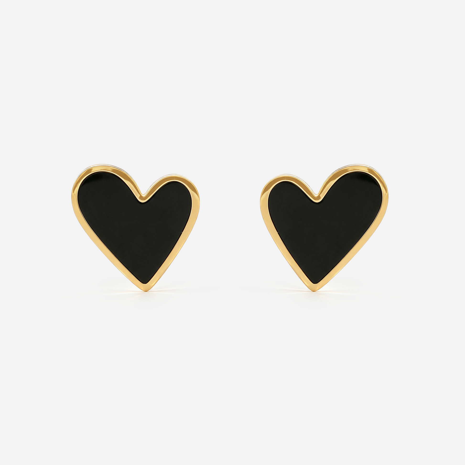 Black Enamel Heart Clip-On Earrings in Gold front view