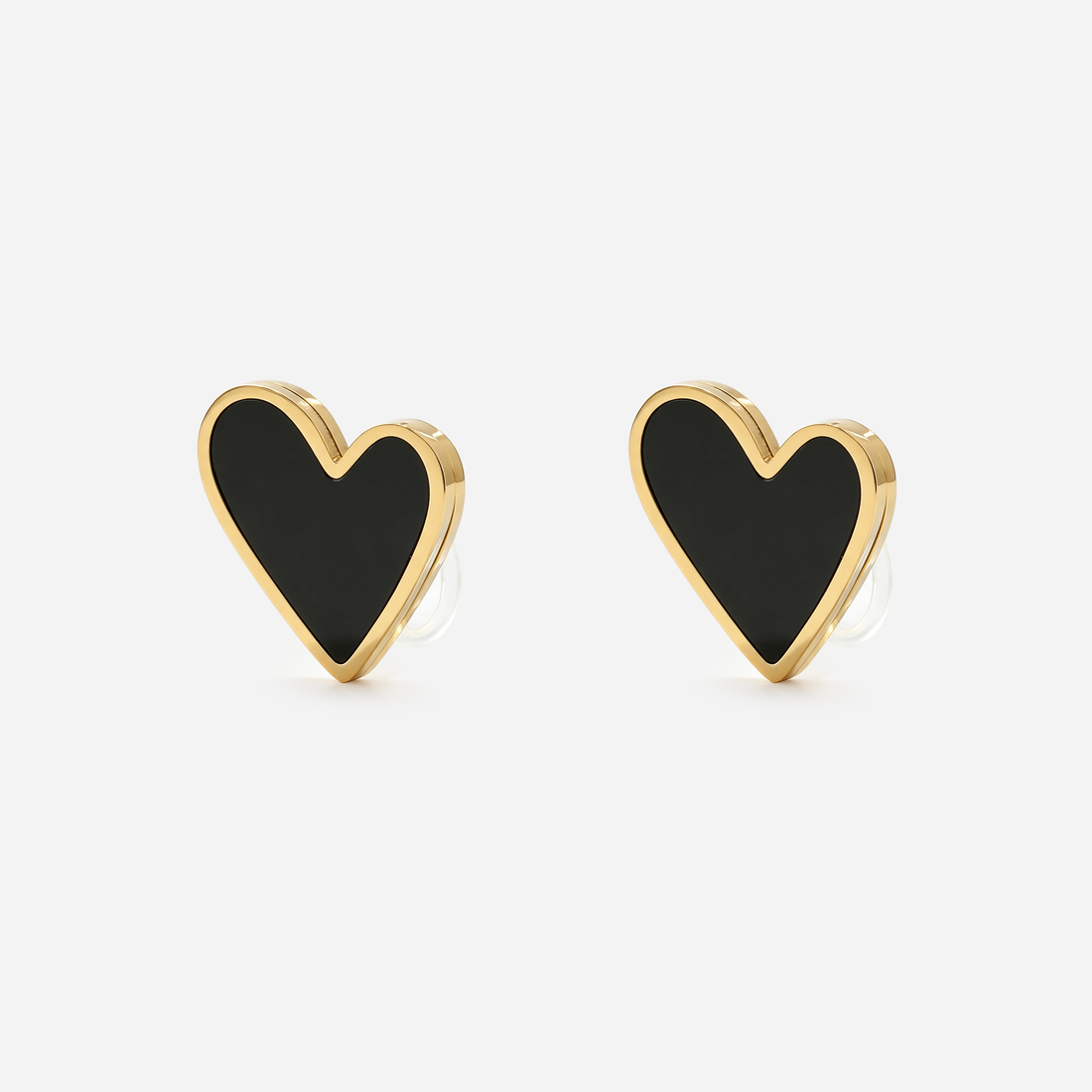 Black Enamel Heart Clip-On Earrings in Gold side view