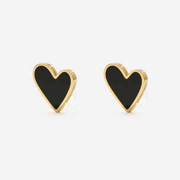 Black Enamel Heart Clip-On Earrings in Gold side view