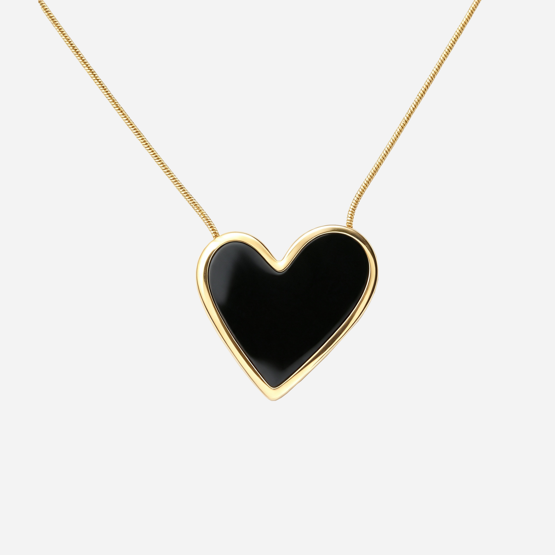 Black Enamel Heart Pendant Necklace in Gold front view