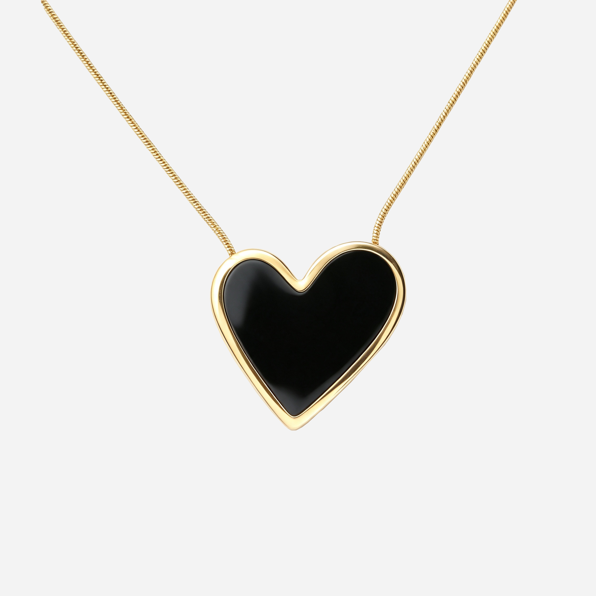 Black Enamel Heart Pendant Necklace in Gold front view
