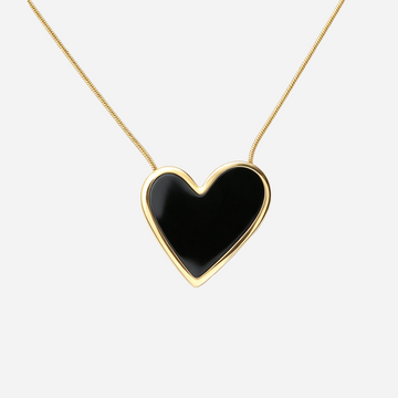 Black Enamel Heart Pendant Necklace in Gold front view