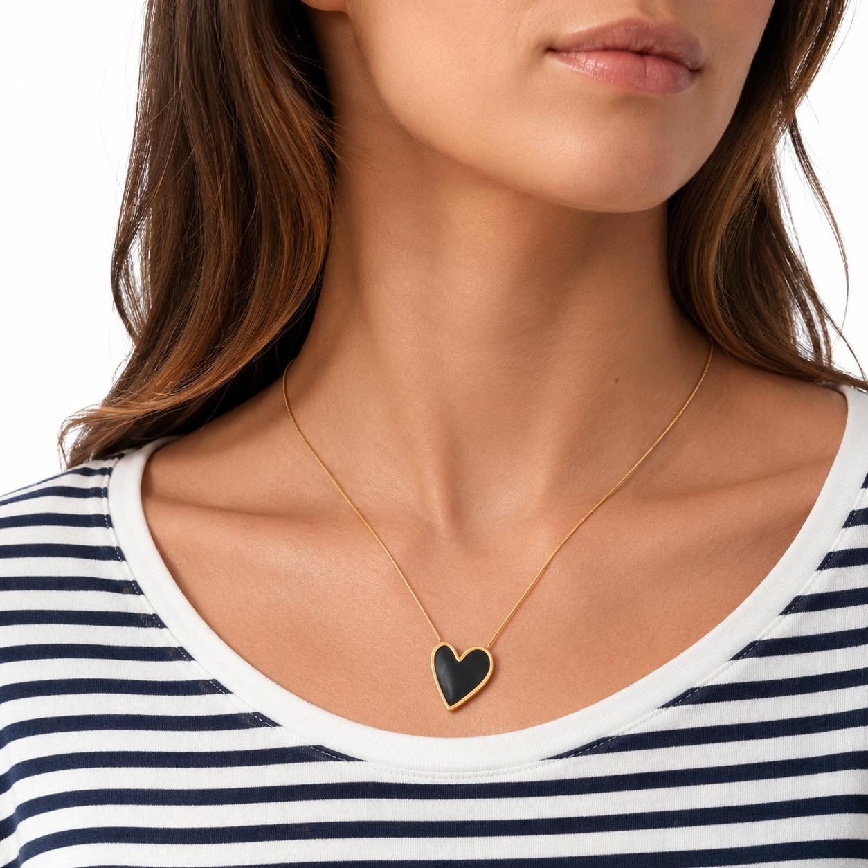 Black Enamel Heart Pendant Necklace in Gold worn on model close view
