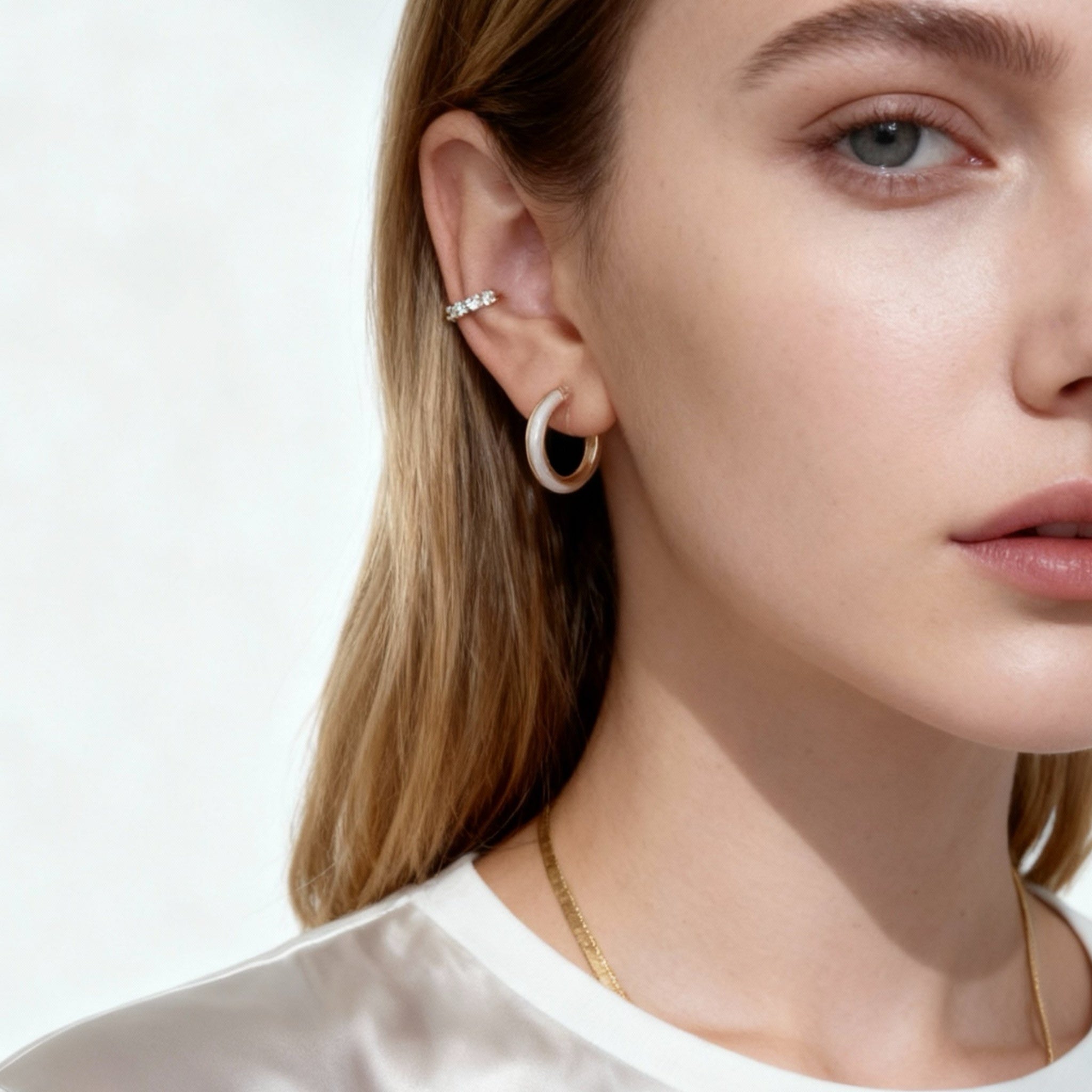 White Enamel Dual-Tone Clip-On Hoop Earrings