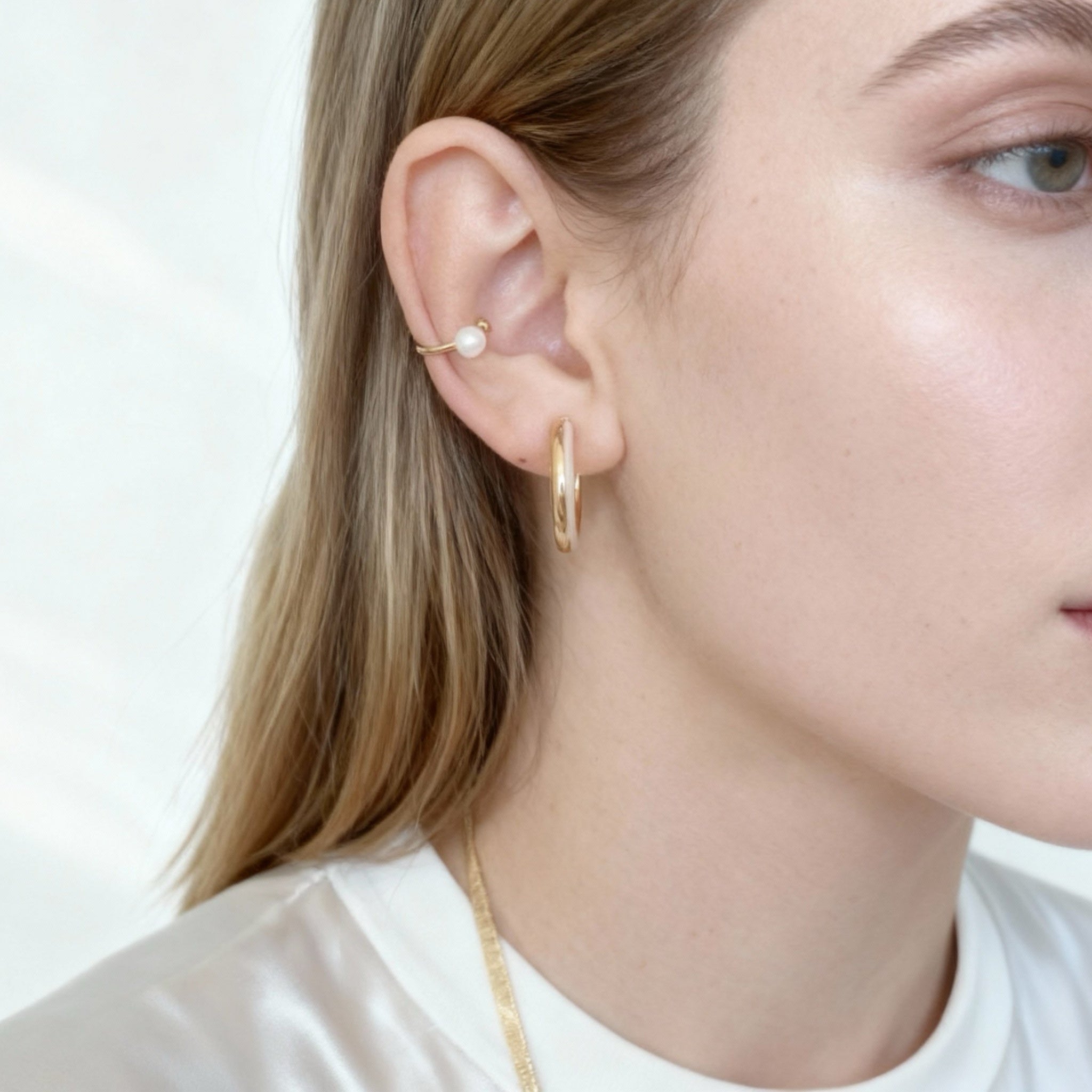 White Enamel Dual-Tone Clip-On Hoop Earrings