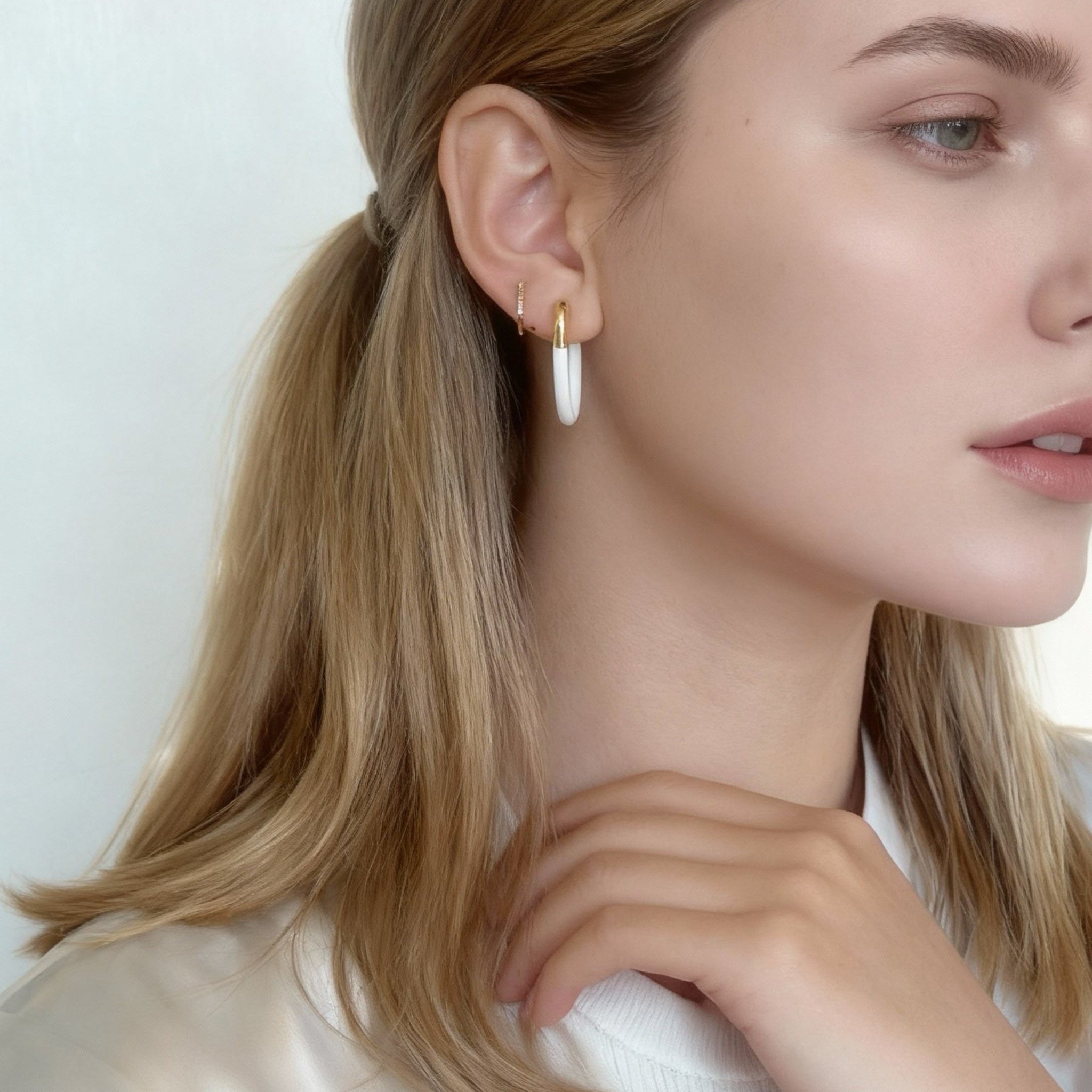 U-Shaped White Enamel Clip-On Hoop Earrings