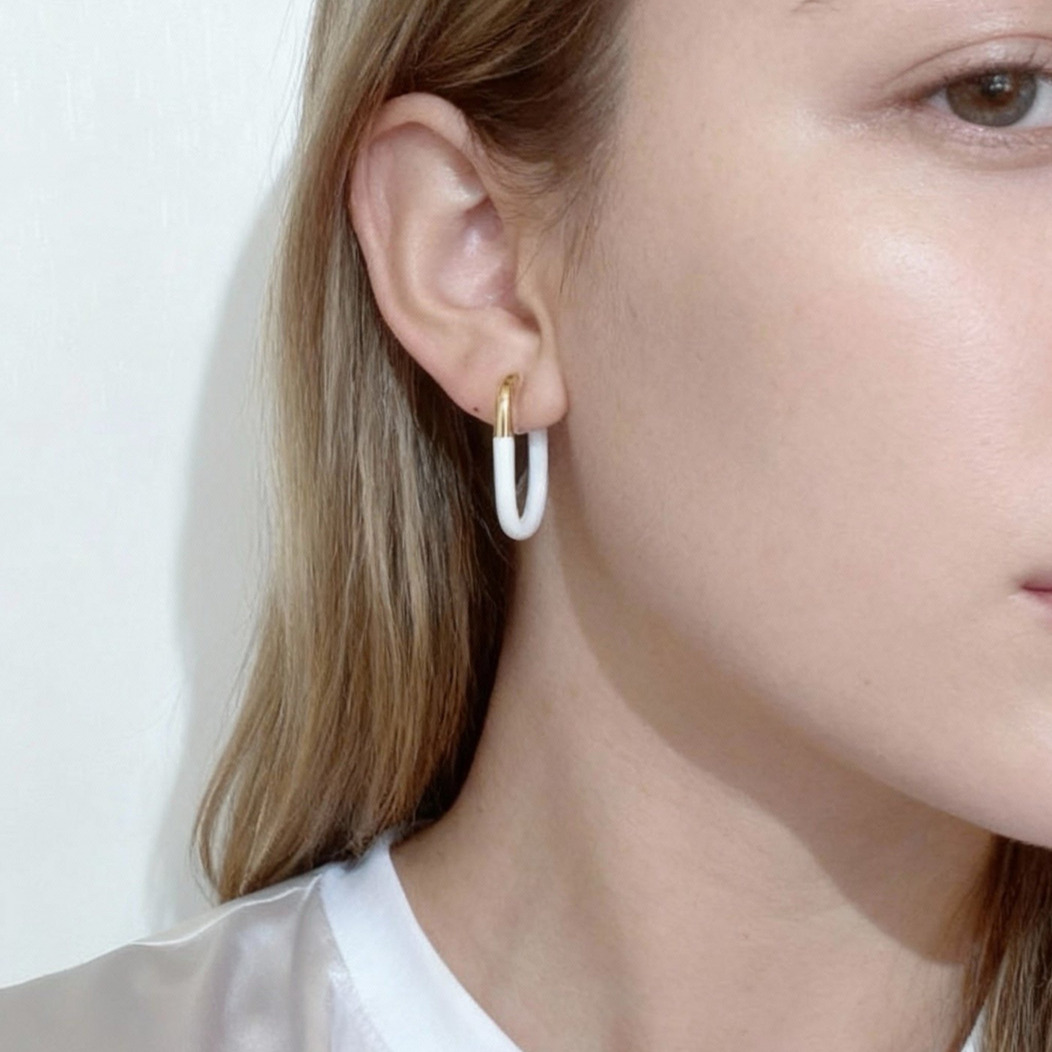 U-Shaped White Enamel Clip-On Hoop Earrings