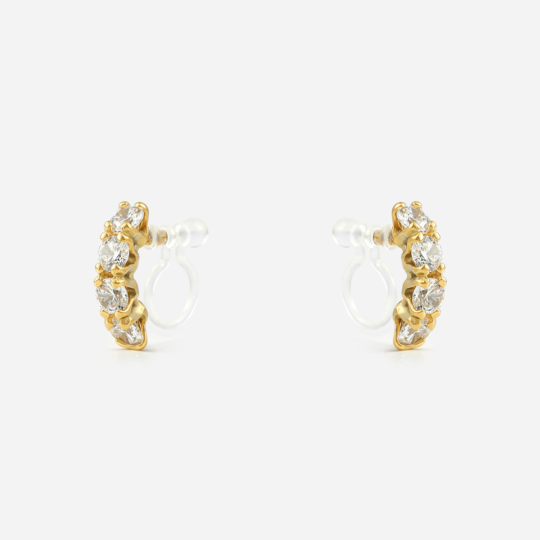 Gold crescent crystal clip-on stud earrings with invisible resin clips | SOMIY