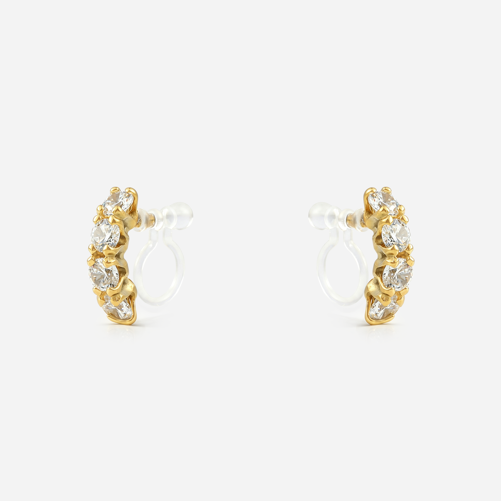 Gold crescent crystal clip-on stud earrings with invisible resin clips | SOMIY