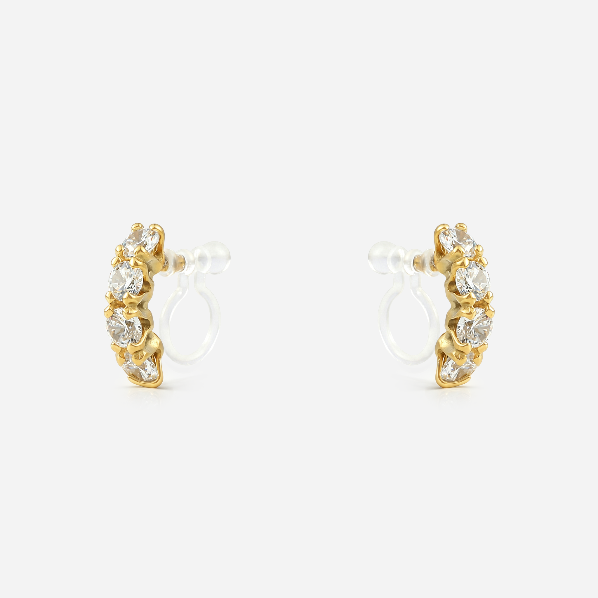 Gold crescent crystal clip-on stud earrings with invisible resin clips | SOMIY