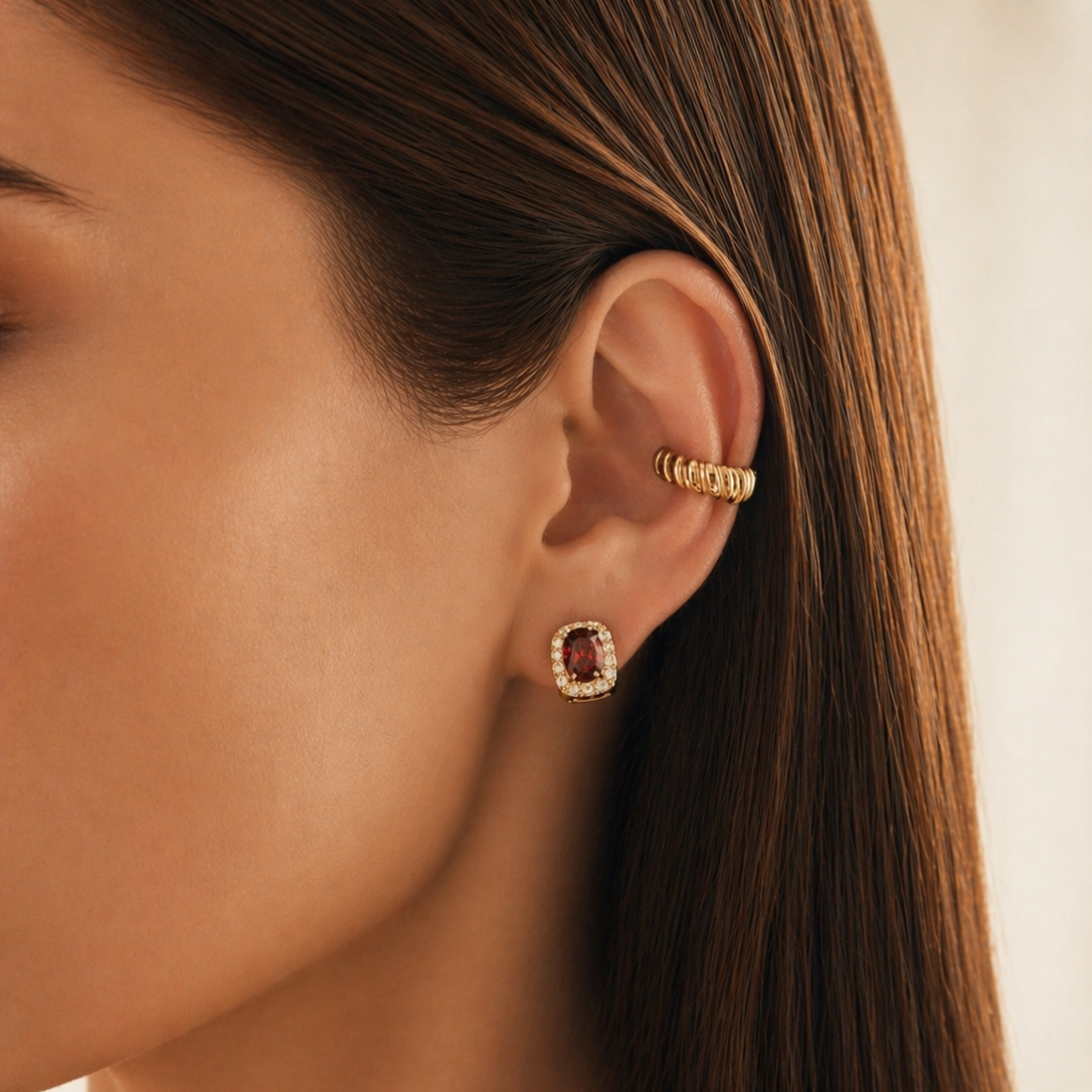 Model wearing SOMIY Petite Red Halo Clip-On Stud Earrings in gold