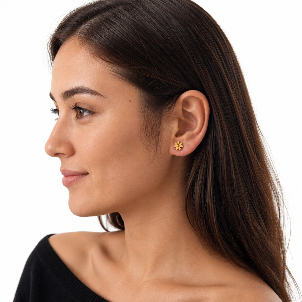 Model wearing Daisy Clip-On Stud Earrings in gold profile view