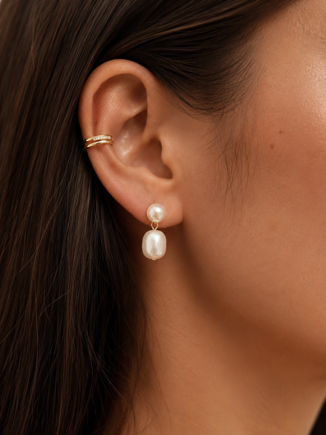 Duo Pearl Cascade Clip-On Earrings in Gold worn on model close-up
