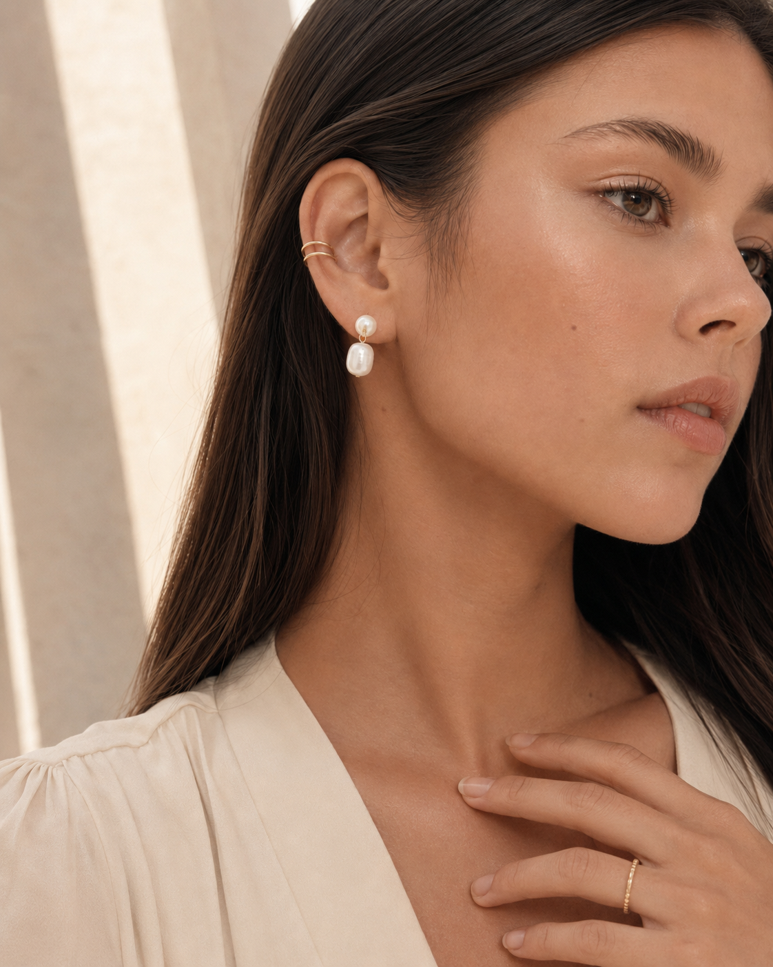 Duo Pearl Cascade Clip-On Earrings in Gold worn on model