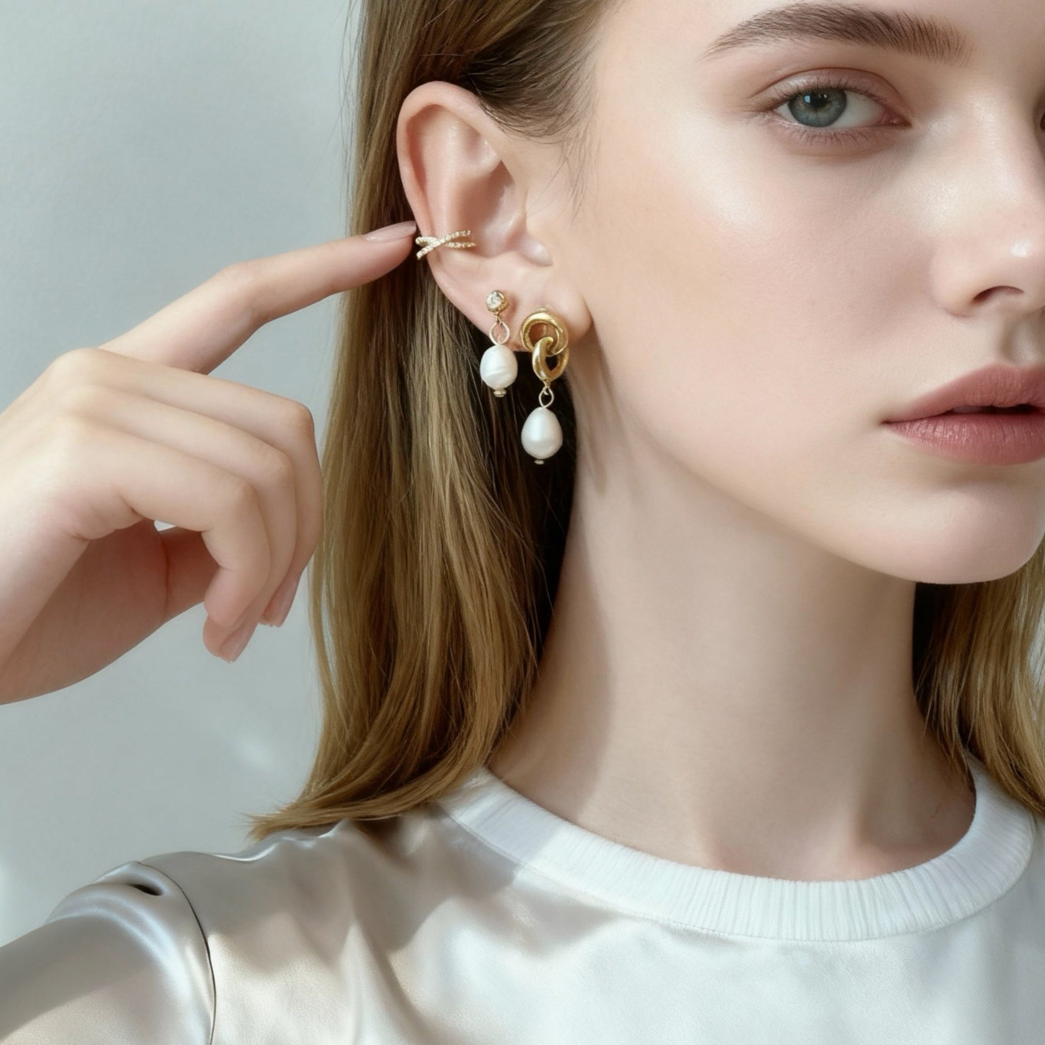 S925 Sterling Silver Diamond Pearl Clip-On Chain Earrings - Gold