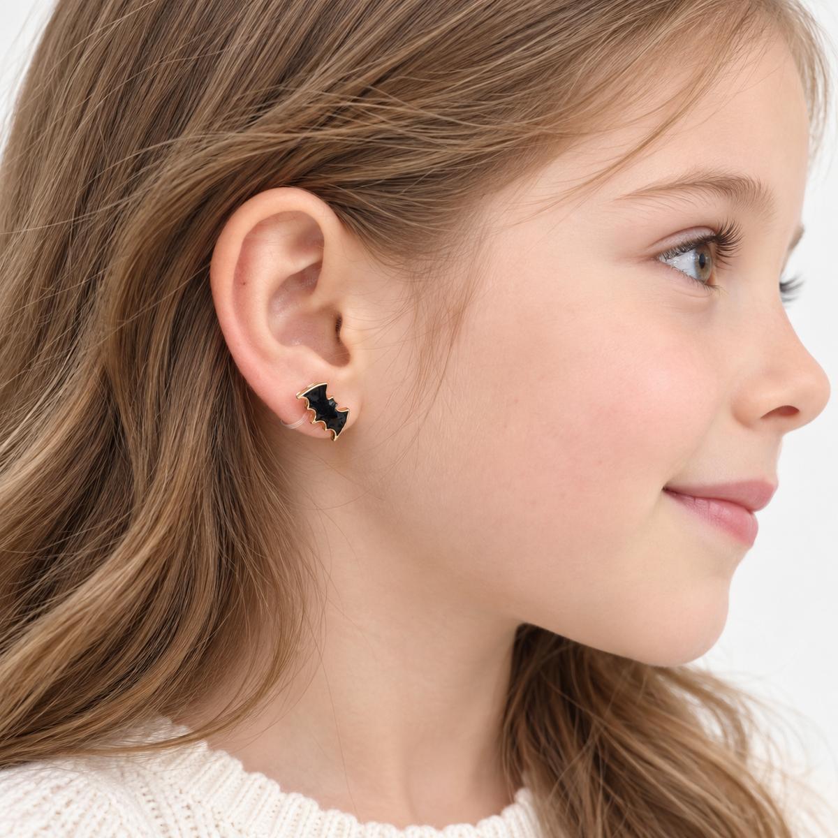 Black Bat Clip-On Earrings for Girls worn on the ear