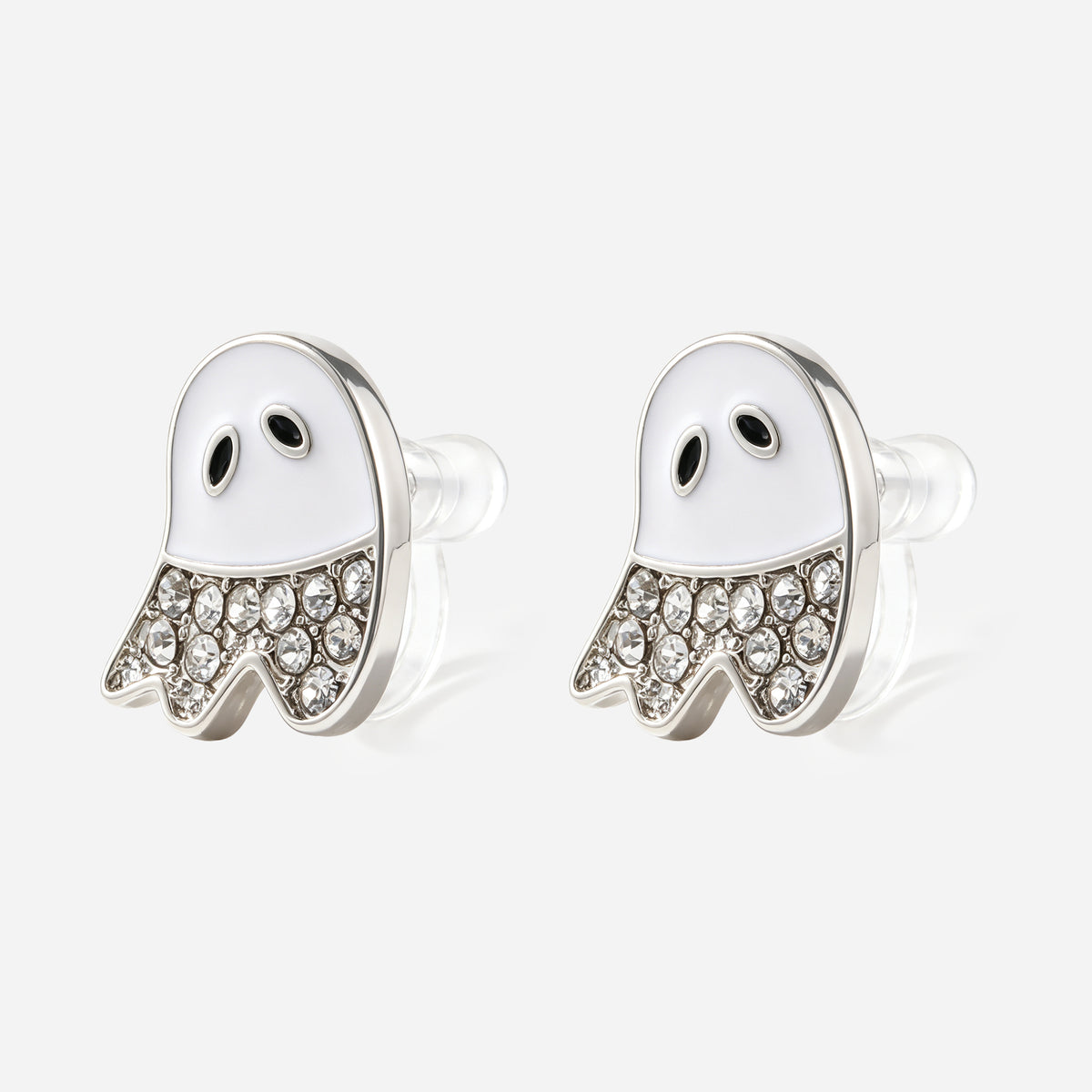 Sparkling Little Ghost Clip-On Earrings for Girls, angled product view showing invisible resin clips