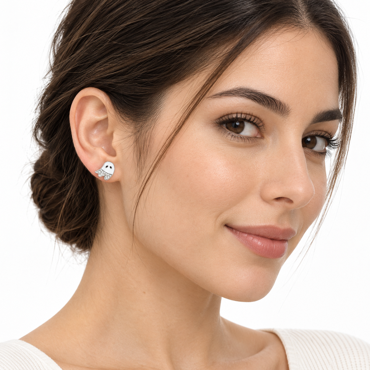 Sparkling Little Ghost Clip-On Earrings for Girls, worn by a model
